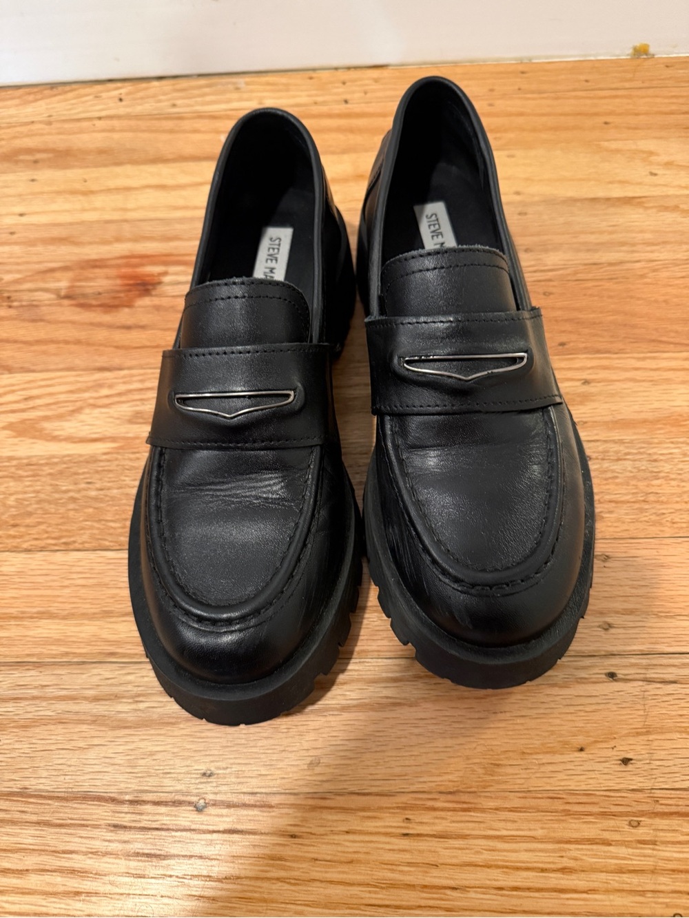 Steve Madden Black Leather Lug-Sole Penny Loafers
